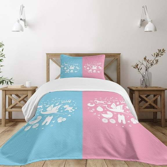 Ambesonne Party Quilted Bedspread Set 2 Pcs, Minimalist Horse Stork Bear, Twin Size, Pale Pink and Sky Blue
