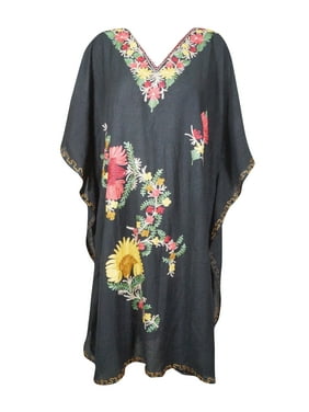 Mogul Women Midnight Black Floral Embroidered Kimono Caftan Dress 3XL