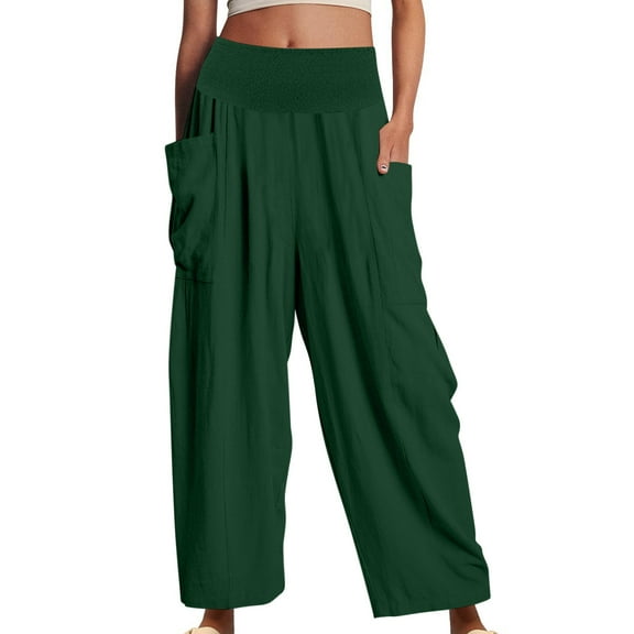 qolati Women Cotton Linen Pants 2023 Elastic High Waist Harems Lounge Pant Lightweight Loose Smocked Flowy Beach Trousers