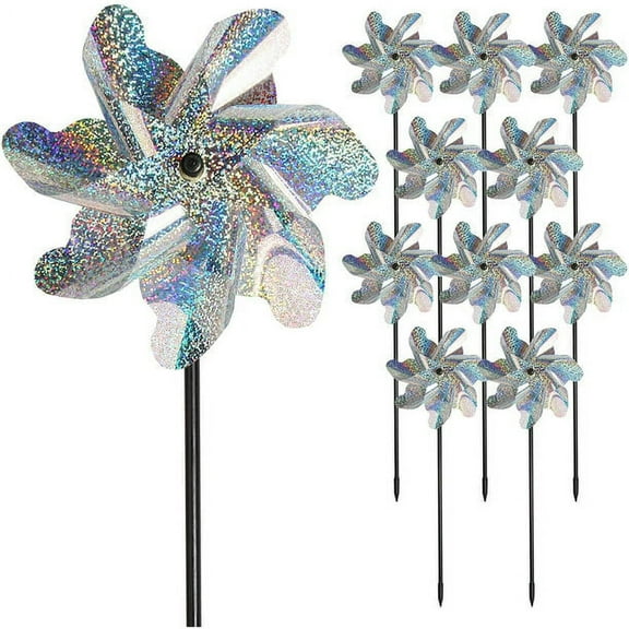 10 Pack Reflective Pinwheels with Stakes,7-Leaf Windmill to Repel Birds for Scare Birds Away from Yard Patio Farm