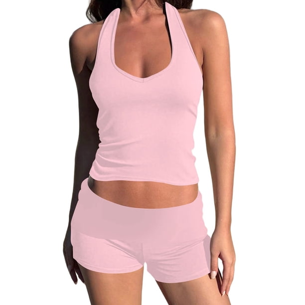 Conjuntos de 2 Piezas para Mujer: Conjuntos de Estar por Casa A Juego, Top con Lazo y Cuello Halter, y Pantalones Cortos de Cintura Alta. Rosa S