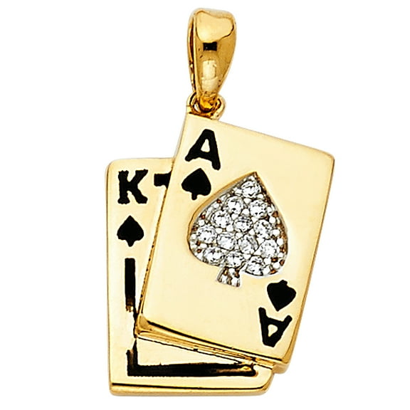 14k Yellow Gold Ornate Studded Ace of Spades Pendant Poker Bling Gambling Charm Jewelry Female