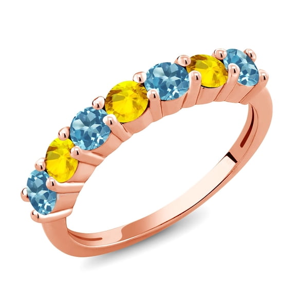 Gem Stone King 18K Rose Gold Plated Silver Round Swiss Blue Topaz Yellow Sapphire Anniversary Ring for Women (1.28 Cttw, Gemstone Birthstone, Size 7) (Size 7)