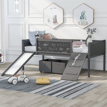 Twin Size Loft Bed  Low Loft Bed with Slide & Two Storage Boxes  Wood Twin Size Loft Bed with Climbing Frame & Rope  Twin Bed Frame with Double-sided Chalkboard for Kids  Gray