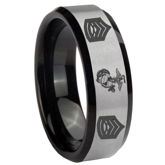 Carbide Marines Sergeant Beveled Gray And Black Tungsten Ring 10MM