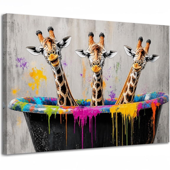 Three Giraffes Canvas Wall Art, Funny Animal Print, Colorful Painting Decor for Living Room, Nursery, or Kids Room