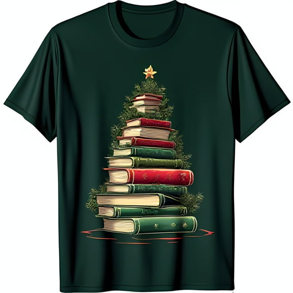 Unique Book Themed Christmas Tree Graphic on Classic Black T-Shirt for Bibliophiles
