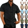 thumbnail image 2 of BiZtdJrK Mens Summer Linen Shirt Short Sleeve Casual Button Down Shirts Loose Fit Collared Beach Shirts Solid Color Pocket Front Blouse Tops Dollar Deals Army Green XL, 2 of 8
