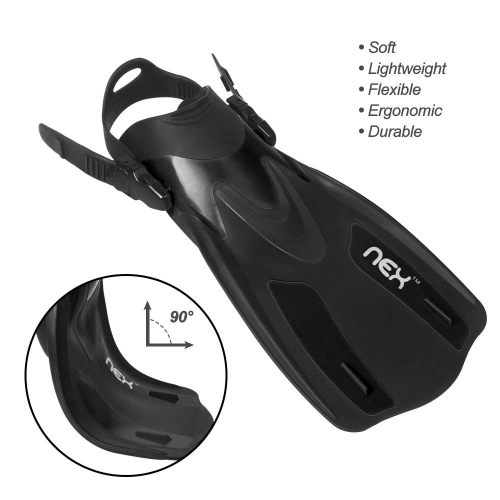 NEX Adult Adjustable Snorkeling Diving Fin- Short Blade, Adjustable Flippers, Diving Equipment, 1 Pair – Black Color (NX-G007-XS-S)