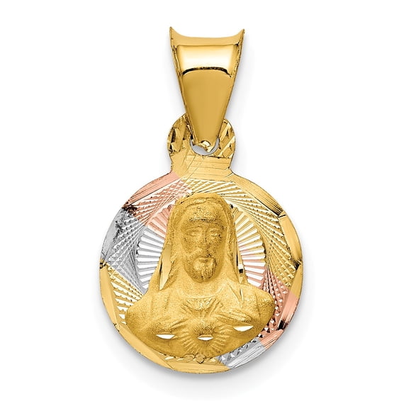 14k & Rhodium Polished & D/C Sagrado Corazon Circle Pendant in 14k Yellow Gold w/ Rhodium Plating