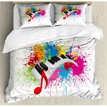 Music Duvet Cover Set King Size, Abstract Design of Colorful Paint Splatter Splashes and Keyboard Fun Party, Decorative 3 Piece Bedding Set with 2 Pillow Shams, White and Multicolor, by Ambesonne