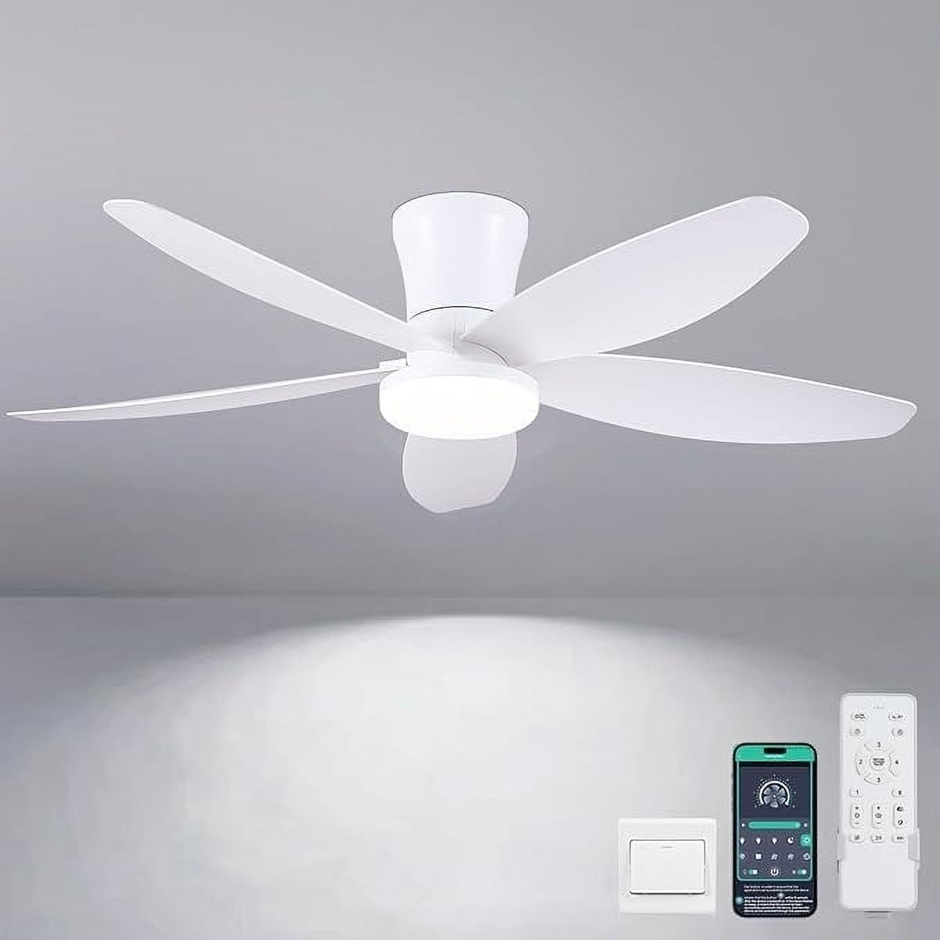 48" White Low Profile Ceiling Fan with Lights, Remote/APP Control, DC Reversible Motor, LED Dimmable Light, Flush Mount Ceiling Fan for Bedroom, Living Room, Indoor/Outdoor Patio Use
