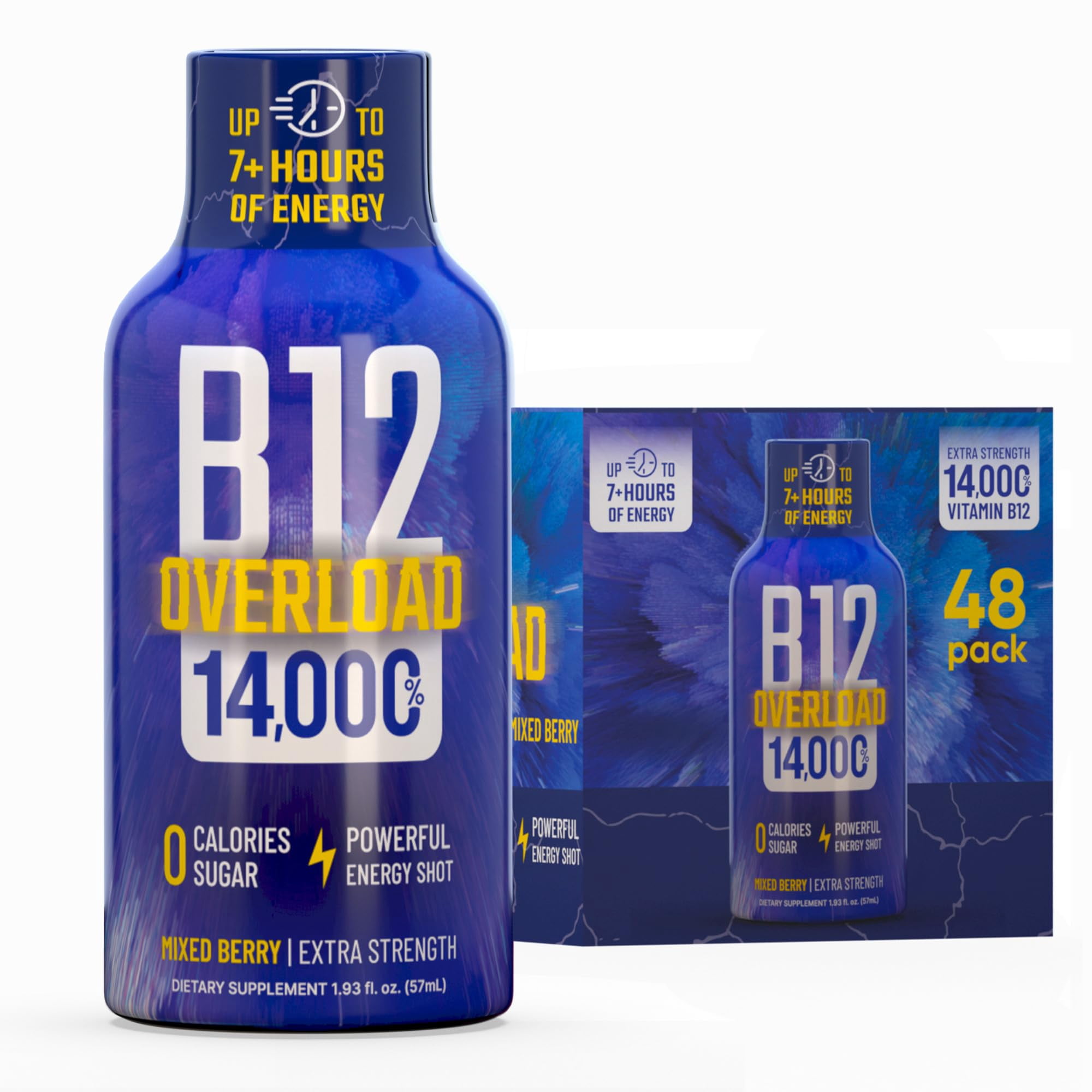 Vitamin Energy B12 Overload Extra Strength Shot, Mixed Berry, 48 Pack – 260mg Natural Caffeine, 14,000% DV B12 & Electrolytes, Zero Sugar, 1.93 fl oz