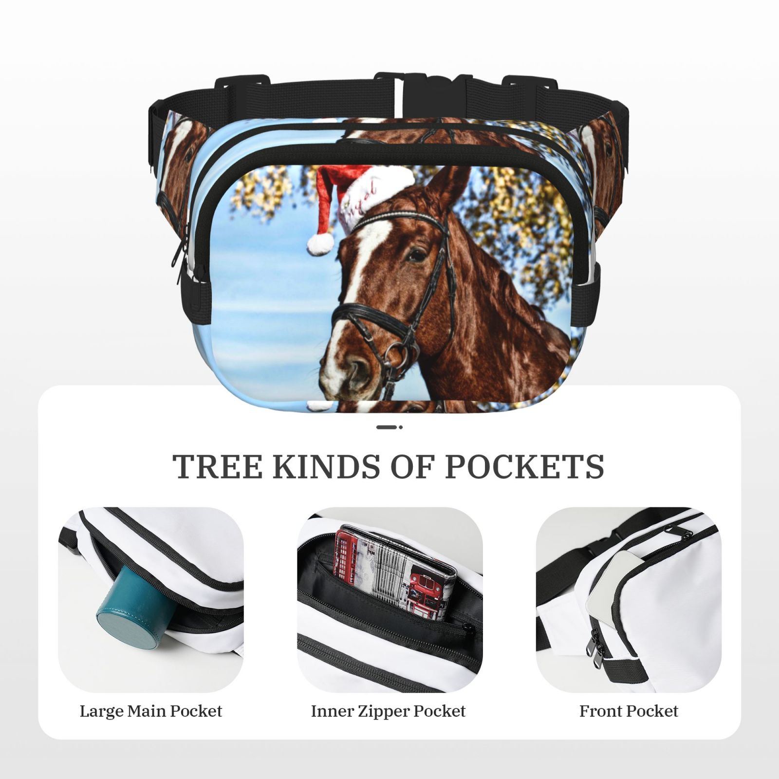 Hirioo Christmas Horse for Double Layer Waist Bag Adjustable Fanny Pack For Travel Running Hiking