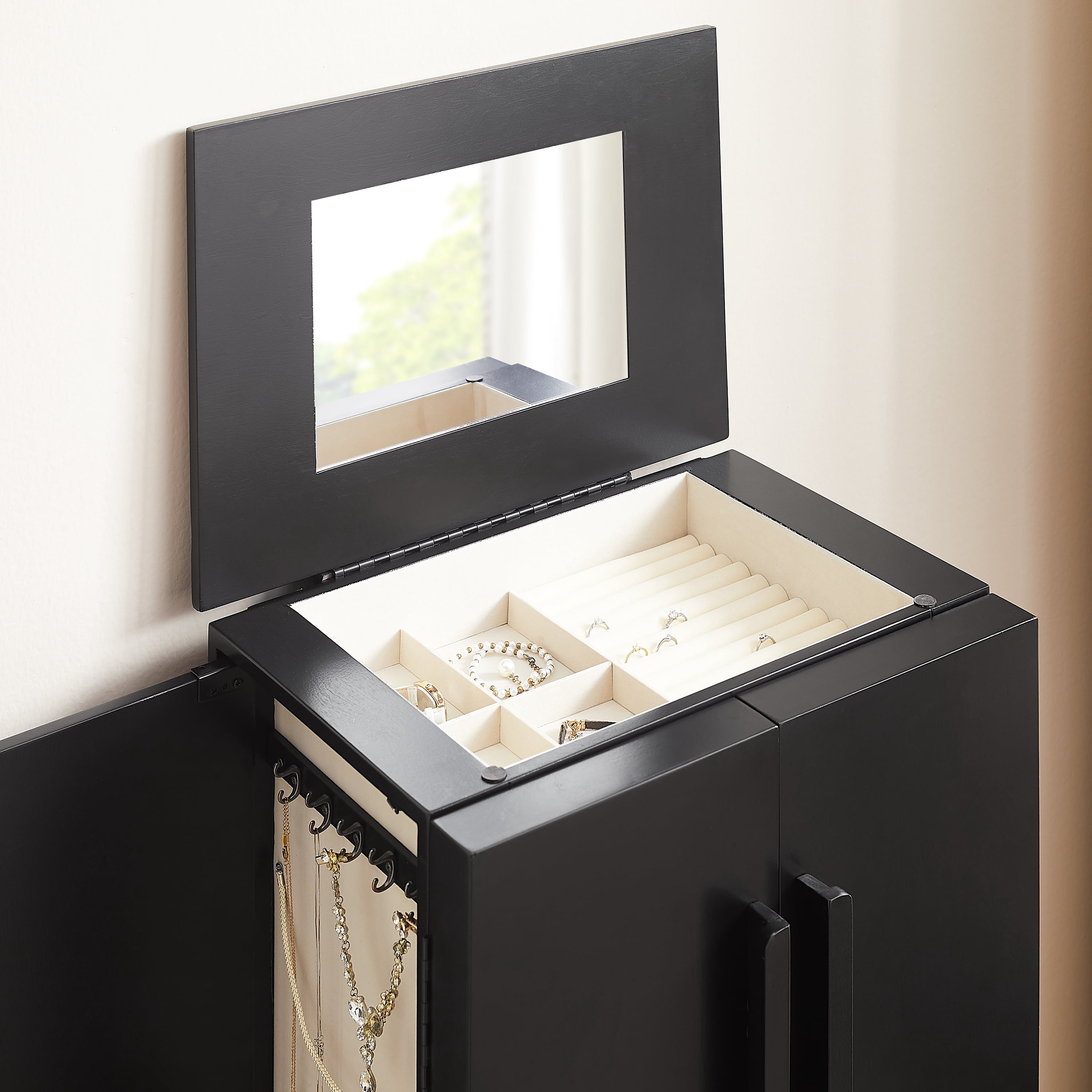 Powell Alicent Free Standing Jewelry Armoire with Hidden Mirror, Black