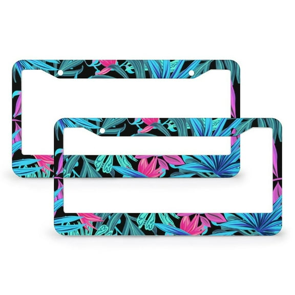 2 PCS Hawaiian Summer Tropical Leaves Hibiscus Flowers License Plate Frames Summer Decorative Car Tags Frames Holder Aluminum 2 Holes for Us Standard Vehicles