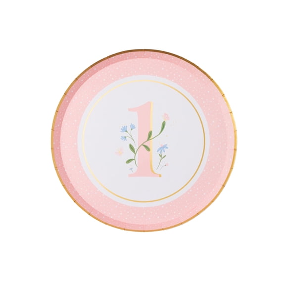 Bonjour Fête Pink 1 Paper Plates, Disposable Party Supplies, 8 Count, 8 Inch, 1st Birthday Party