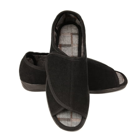 

Men s 80-D Memory Foam Open Toe Diabetic Slipper with Adjustable Closures Extra Wide Width Warm Fleece Arthritis Edema Swollen Diabetic House Shoes Machine Washable w/Anti Slip Sole (Black 10)