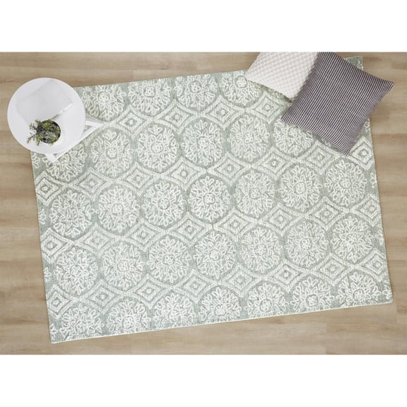 Better Homes & Gardens Suzani Muted Green Medallion Wool Indoor Area Rug, 5 ft x 7 ft