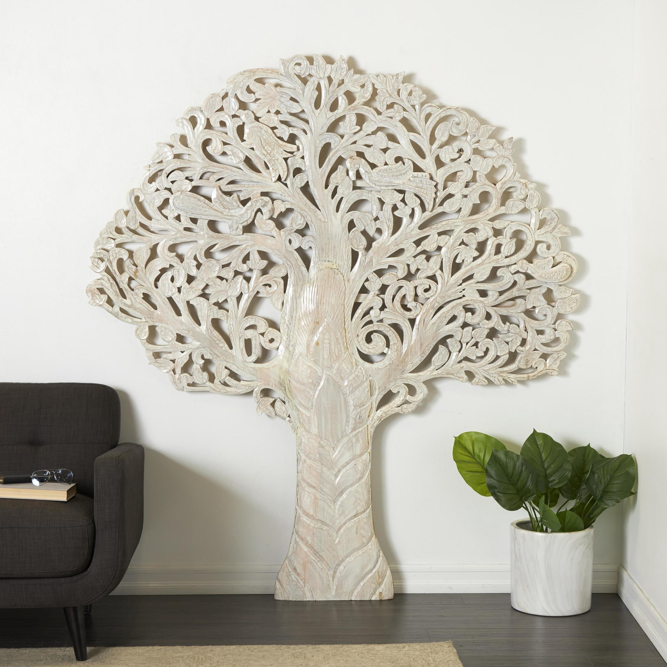 DecMode White Mango Wood Large Carved Tree Wall Decor with Scrollwork