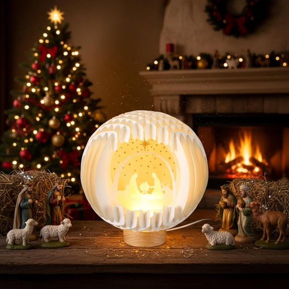 Light up Nativity Scene Christmas Paper Nativity Scene with LED Light 7.08 Inch Indoor Jesus Lamp Table Decorations Religious Christian Gifts for Women Home Xmas Decor