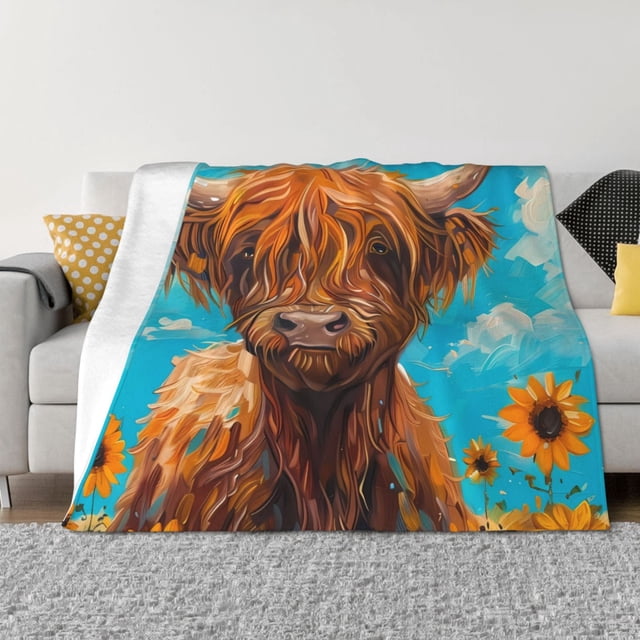 Balery Cute Cow Sunflowers Art Manta de Franela con Dibujo, Lujo Ultra Suave y Cálido, Antipelusa y Resistente a las Arrugas para Cama, Sofá, Camping -80"x60"