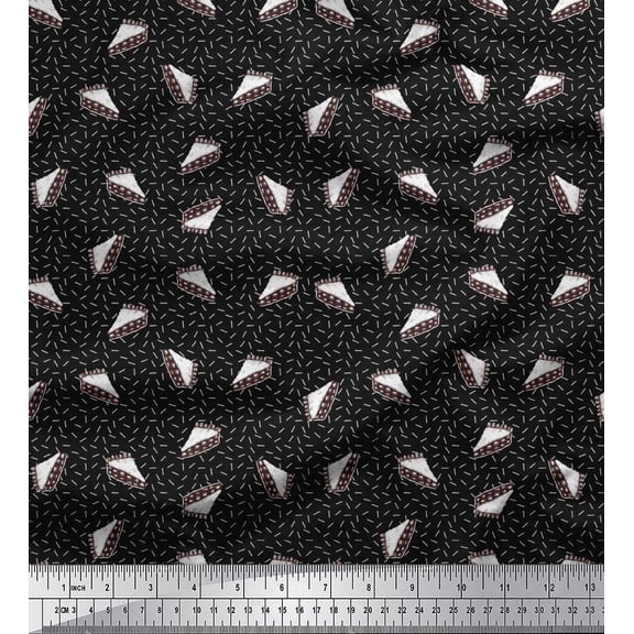 Soimoi Black Poly Georgette Fabric Brush Stroke & Cake Slice Party Print Sewing Fabric Yard 42 Inch Wide