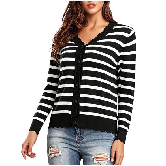 Karight Womens Striped Knit Cardigan Long Sleeve Scallop Trim Button Down Open Front Sweater