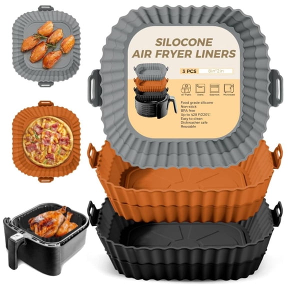 3 PACK Square Silicone Air Fryer Liners, 8 In Reusable Air Fryer Pot Replacement of Flammable Disposable Parchment Paper (B: Black Brown Gray)