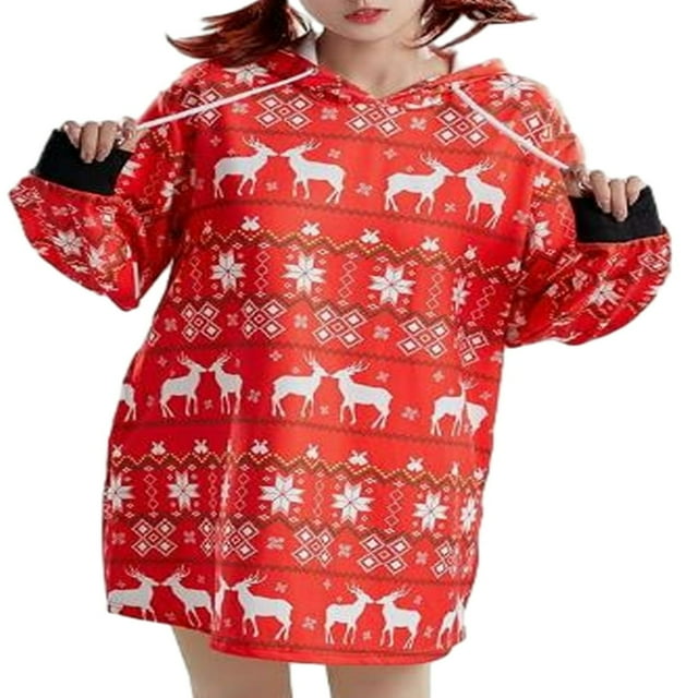 Robe à Capuche de Noël pour Femmes - avec Imprimé Cerf/neigeur et Manches Longues