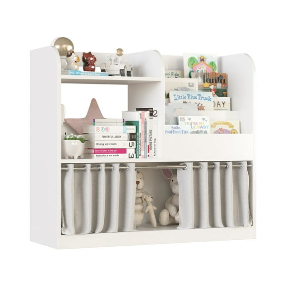 5-Tier Kids Bookshelf with Curtain - Toy & Book Organizer for Nursery, Living Room & Kids Room (White)