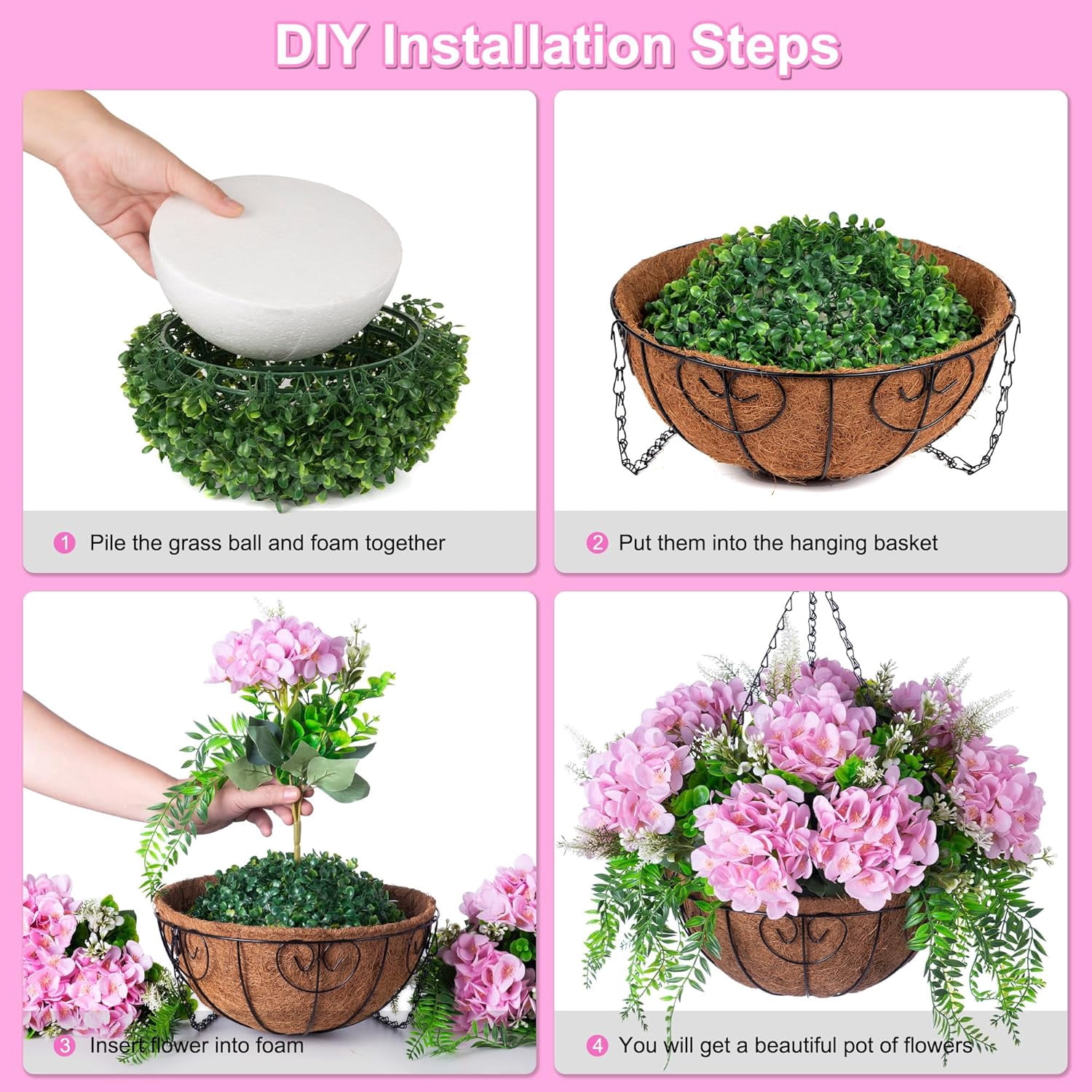 Artificial Flowers in Hanging Basket Planter for Home Spring Decoration, Silk Hydrangea Outdoor Indoor Arrangements, 12" Metal Coconut Lining Basket with Faux Plant(Champagne)