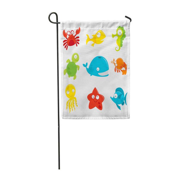POGLIP Cartoon of Nine Different Happy and Silly Sea Like Crab Fishes Whale Turtle Garden Flag Decorative Flag House Banner 12x18 inch