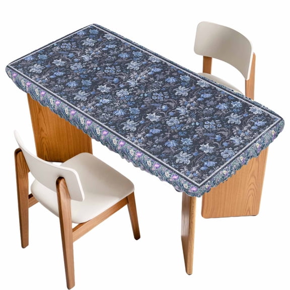 Navy Blue Floral Boho Table Cloths for 3 Foot Rectangle Tables, Ethnic Tribe Abstract Art Flower Patio Waterproof Elastic Fitted Tablecloths, Washable Rectangular Table Cover for Camping