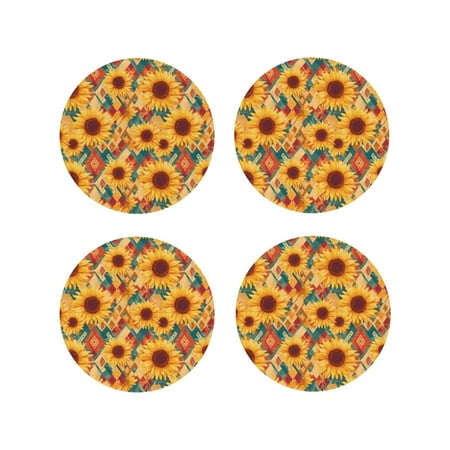 

Fuzoiu Diamond Bohemian Sunflower Print Leather Coasters Set Drink Coasters Set of 4 for Tabletop Protection Durable PVC Coasters Home Décor and Housewarming Gift-Round Shape