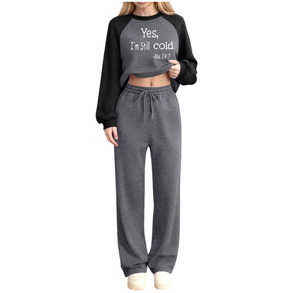 Bloomae Yes, I'm Still Cold Me-24:7 Fashion Printed Two Piece Sweatsuits for Women Lightweight Casual Raglan Sleeve Crewneck Sweatshirts Drawstring Joggers Set Tracksuit Dark Gray M