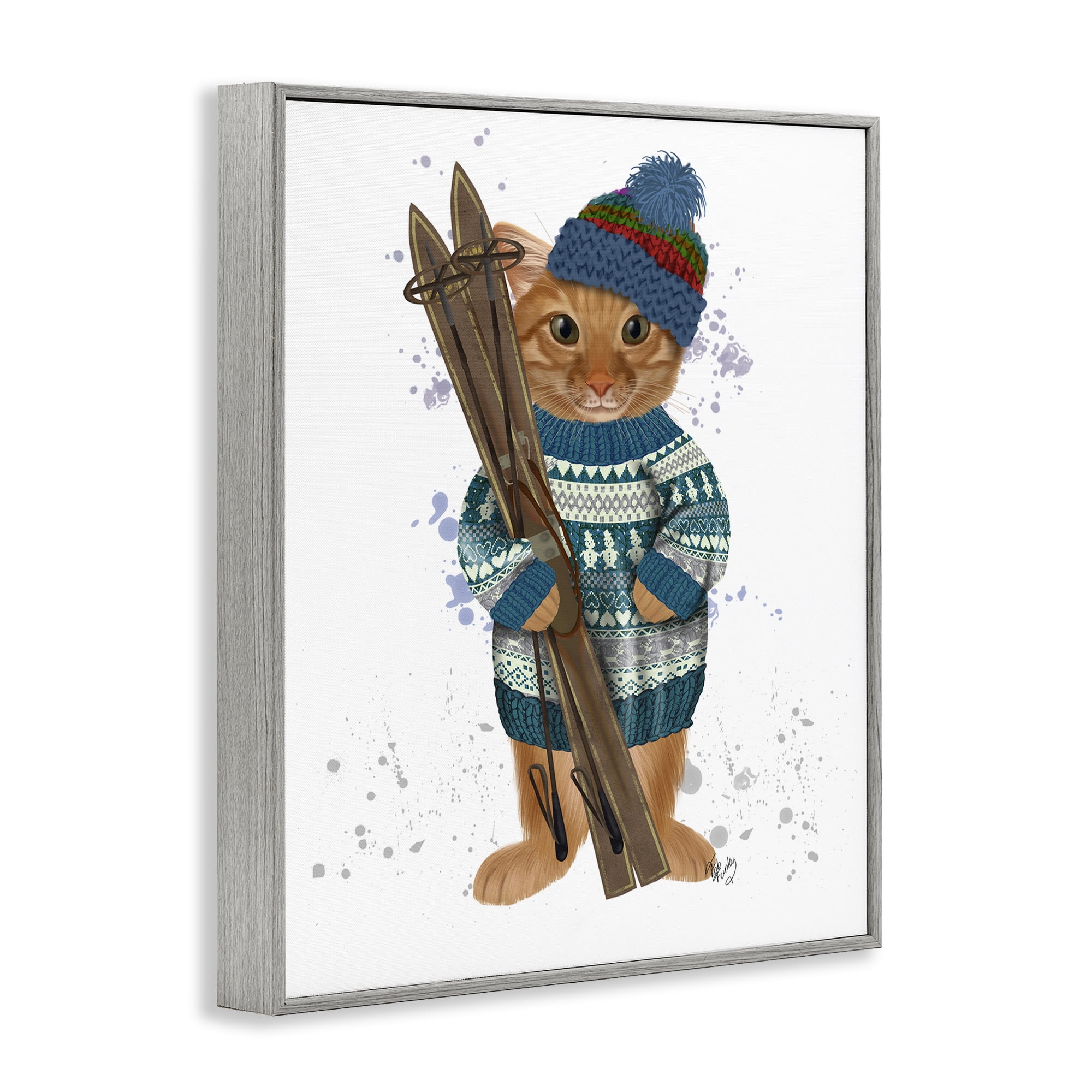 Stupell Industries Cat with Winter Skis Animals & Insects Painting Gray Framed Art Prints Wall Art, 11 x 14