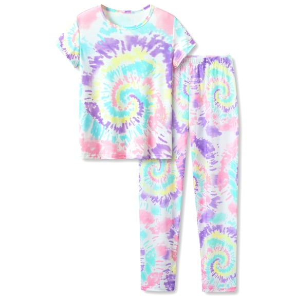 Beezizac Trendy Tie Dye Spiral Pajamas for Girls 2-Piece Soft Short Sleeve & Pants PJ Set Jammies Size 10