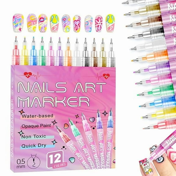 12 Colors Nail Art Pens Set, 2026 New DIY Nail Art Markers for Gel Nails, 3D Nail Polish Pens Quick Dry Graffiti Dotting Point Liner Pens Acrylic Paint Pens Kit for DIY Nail Art Drawing Painting Tools