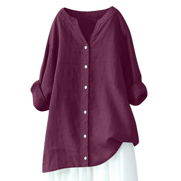 Vestidos Casuales Para Mujer, Blusas De Mujer De Moda Blusa de verano para mujer con cuello en V, manga larga, botones sueltos y lino