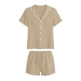 thumbnail image 2 of DYTTDG Solid Color Pajama Set for Women Short Sleeve Flouncing Cuff Shirt with Short Pajama Pant Set Soft Button Down & Drawstring, 2 of 5