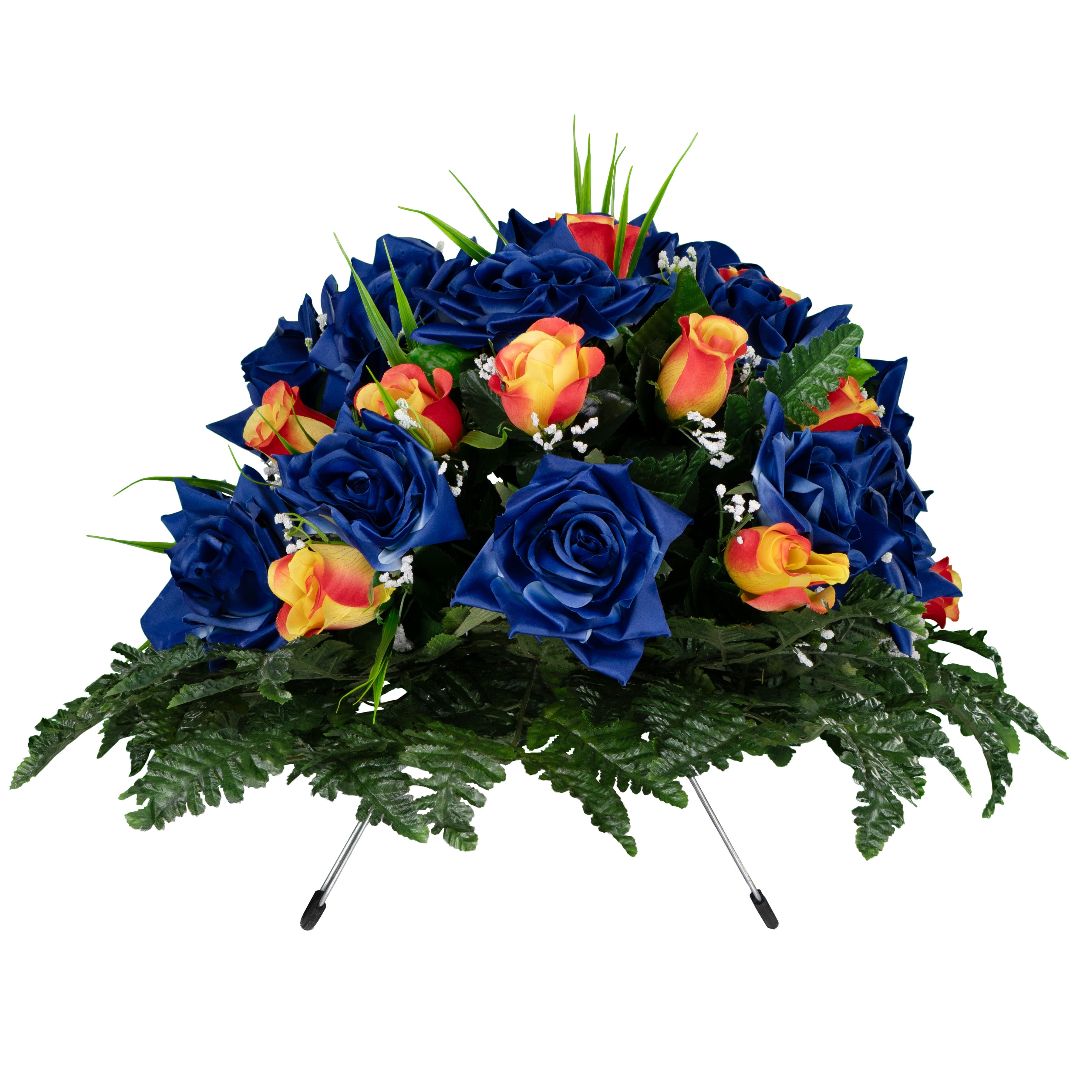 Sympathy Silks Artificial Cemetery Flowers - Blue Open Roses and Orange Rose Buds - Outdoor Saddle for Headstone