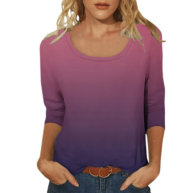 aidice Tops for Women Round Neck 3/4 Length Sleeve Comfy Fitting Shirts Gradient Color Tee Shirts