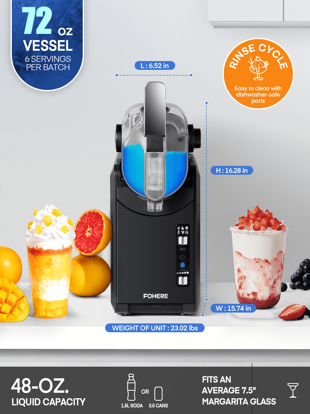 FOHERE 72oz 5-in-1 Slushie Machine, No Ice Needed, 15 Mins Slushy Machine for Home with Self-Clean, 5 Presets, Frozen Margaritas, Frapps, Milkshakes