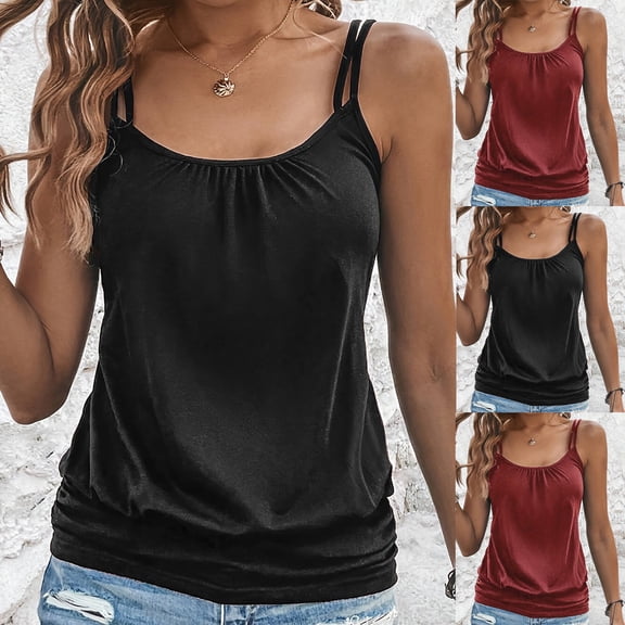 Wlynlyn Sleeveless Tops for Women Plus Size Spaghetti Strap Camisole Scoop Neck Pleated Camis Shirts Summer Top