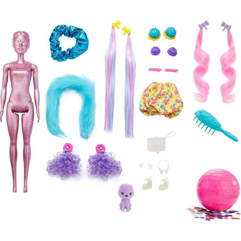 Barbie Color Reveal Glitter Hair Swaps Doll Glittery Pink with 25 Hairstyling Party Themed Surprises Including 10 Plug in Hair Pieces Gift for