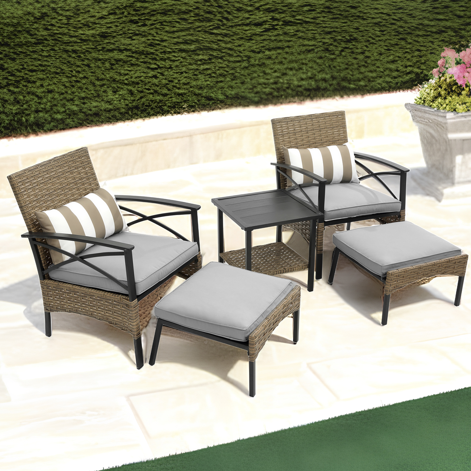 Outdoor Patio Furniture Sets, 5 Piece Wicker Patio Bar Set, 2pcs Arm Chairs, 2 Footstool&Coffee Table, Outdoor Conversation Sets for Backyard Lawn Poolside Garden, Gray Cushion - image 2 of 10
