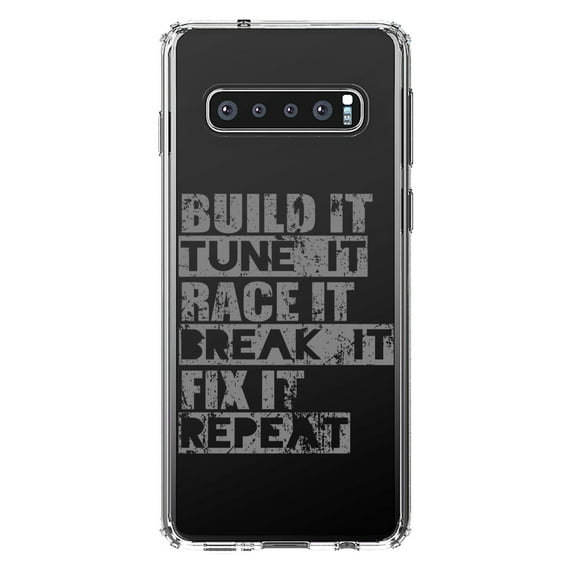 DistinctInk Clear Shockproof Hybrid Case for Samsung Galaxy S10 (6.1" Screen) - TPU Bumper Acrylic Back Tempered Glass Screen Protector - Build It Tune Race Break Fix Repeat