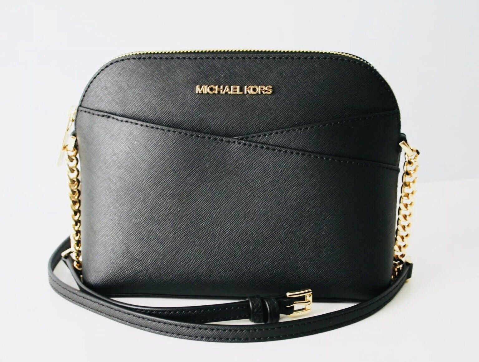 Michael Kors Jet Set Travel Medium Leather X Cross Dome Crossbody Handbag ( Black Solid/Gold) 