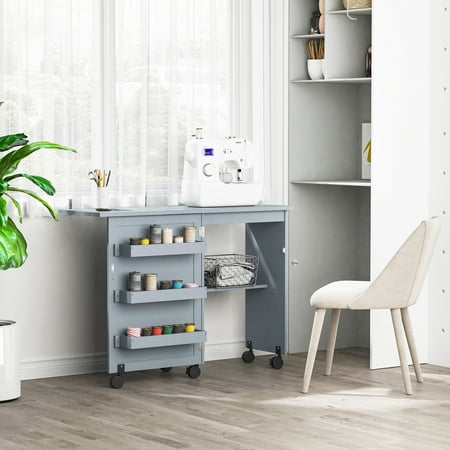 HomCom 46" Drop Leaf Mobile Sewing Table with 3-Tier Storage Bins & Shelf, Grey